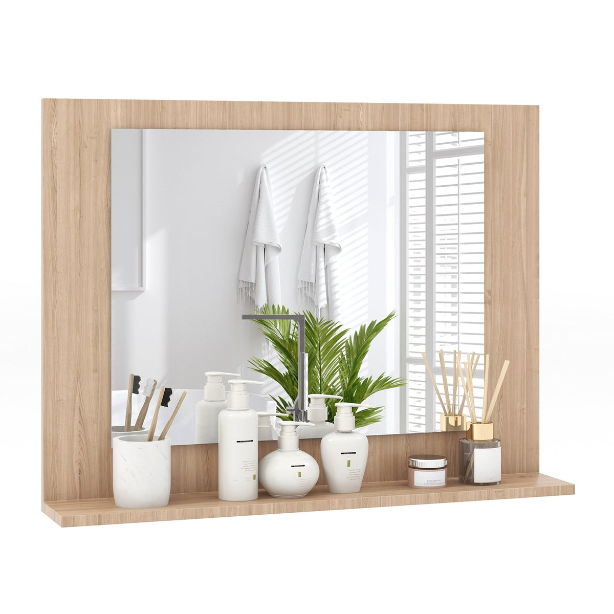 Rectangle Bathroom Mirror with Shelf 23.5 x 17.5 Inch and Wood Frame-Brown view 4