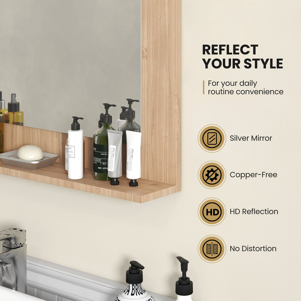 Rectangle Bathroom Mirror with Shelf 23.5 x 17.5 Inch and Wood Frame-Brown view 9