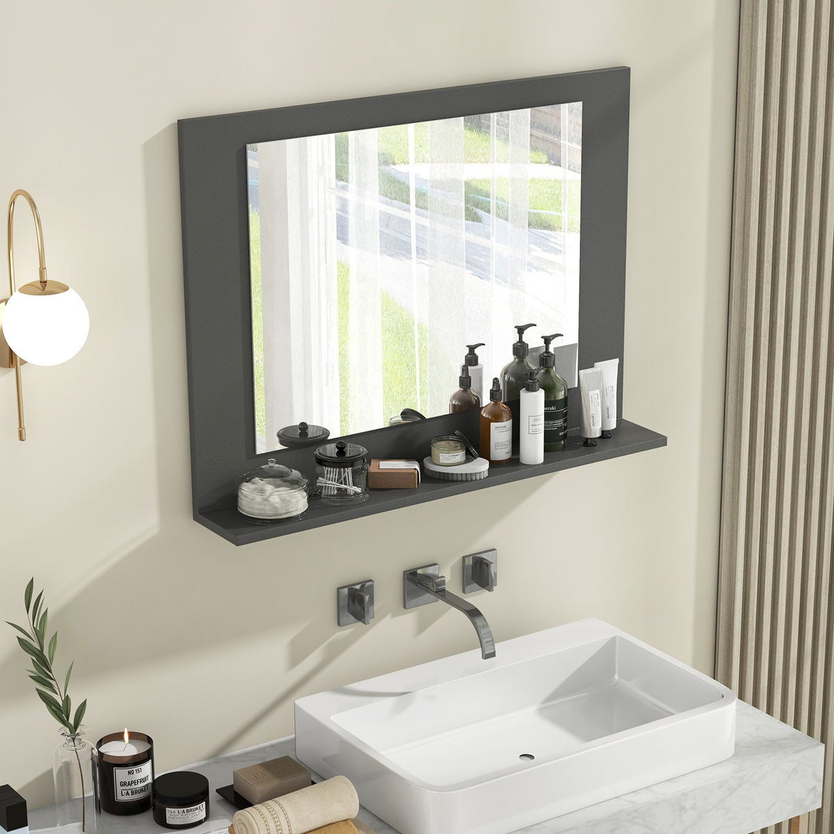 Rectangle Bathroom Mirror with Shelf 23.5 x 17.5 Inch and Wood Frame-Gray view 3