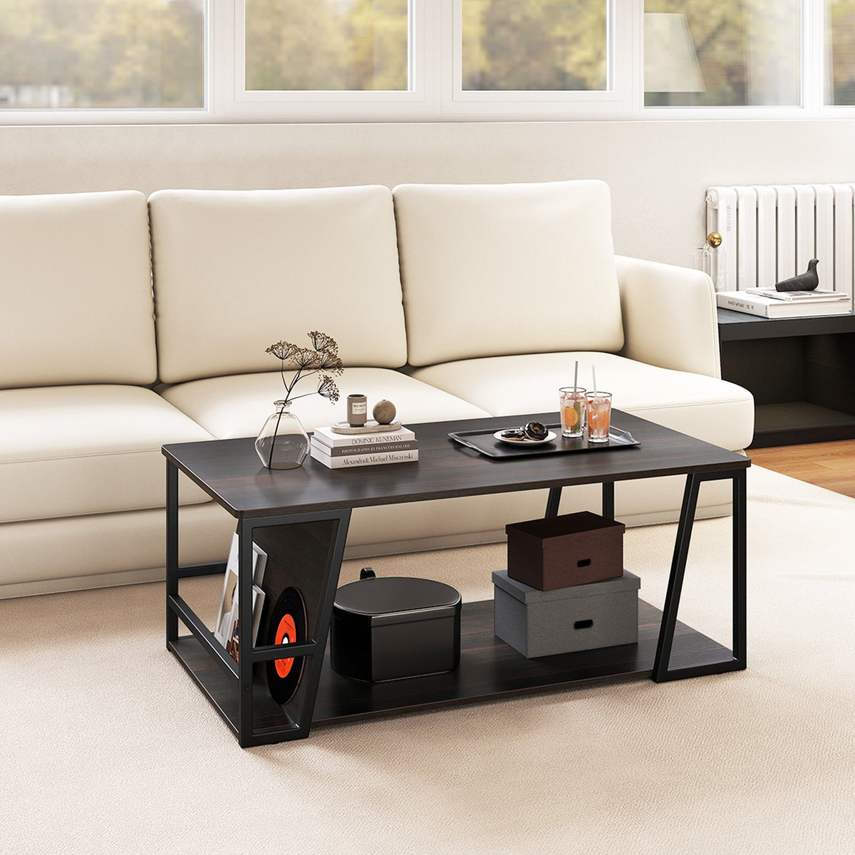 Rectangle Coffee Table 2-tier Industrial Accent Table with Storage Shelf and Compartment-Brown view 2