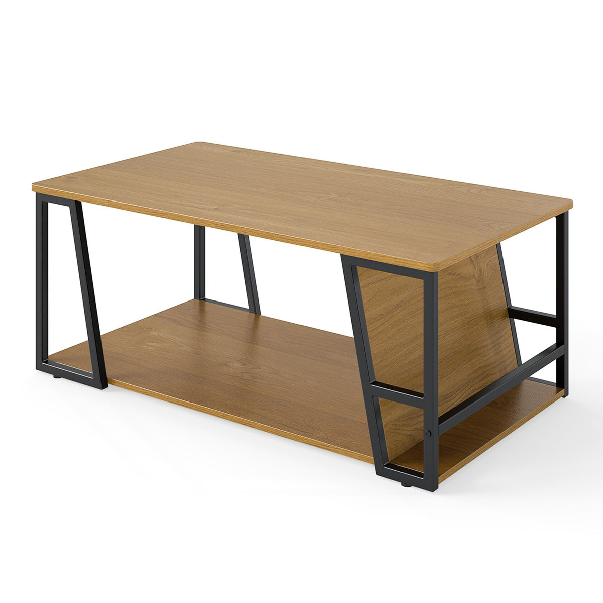 Rectangle Coffee Table 2-tier Industrial Accent Table with Storage Shelf and Compartment-Natural