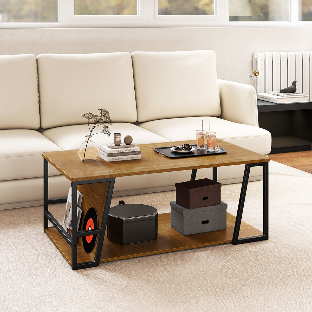Rectangle Coffee Table 2-tier Industrial Accent Table with Storage Shelf and Compartment-Natural view 2