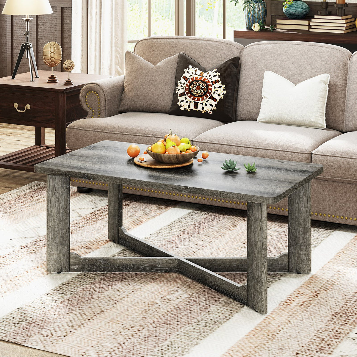 Rectangle Coffee Table Rubber Wood with X-Shaped Base-Gray view 2