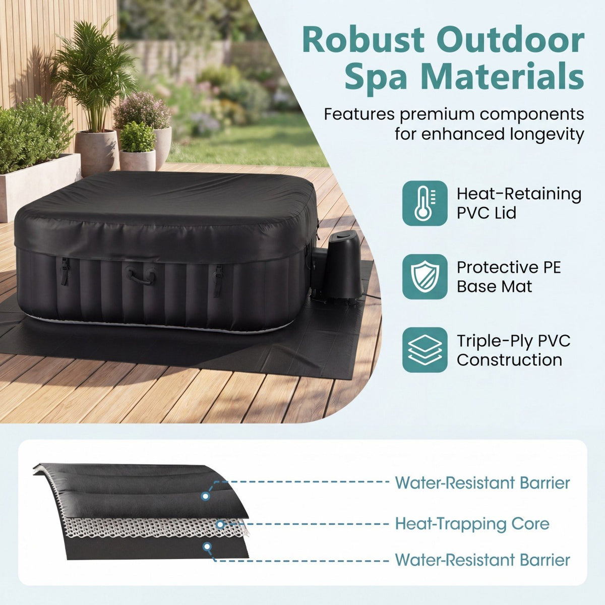 Rectangular Blowup Pool Hottub with 130 Air Jets for 4-6 Person-Black view 4