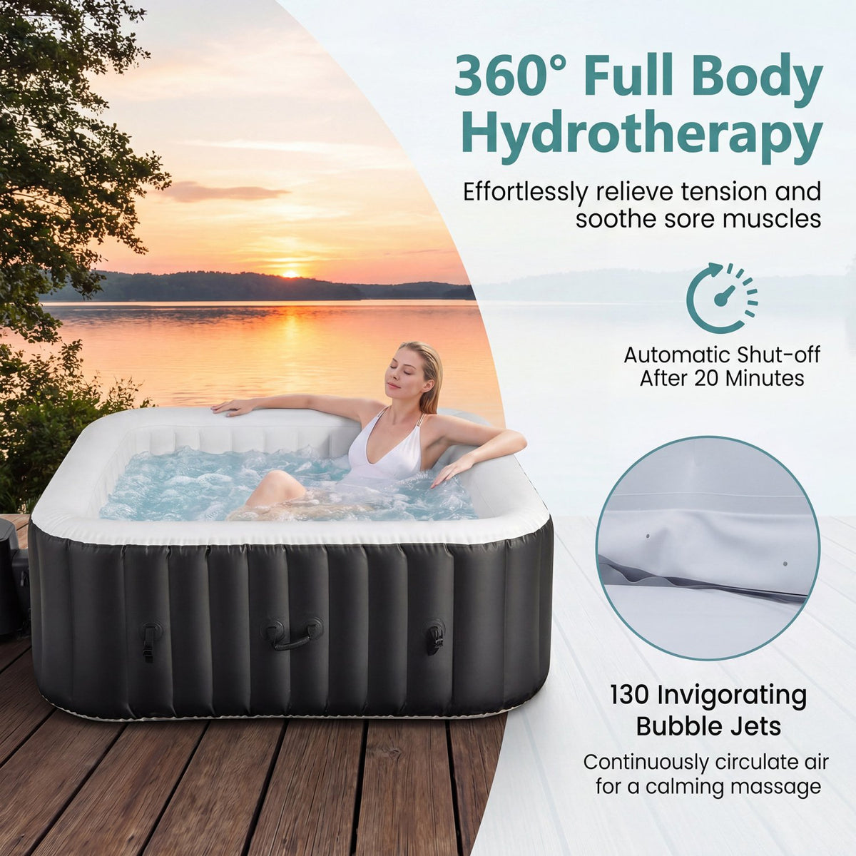 Rectangular Blowup Pool Hottub with 130 Air Jets for 4-6 Person-Black view 5