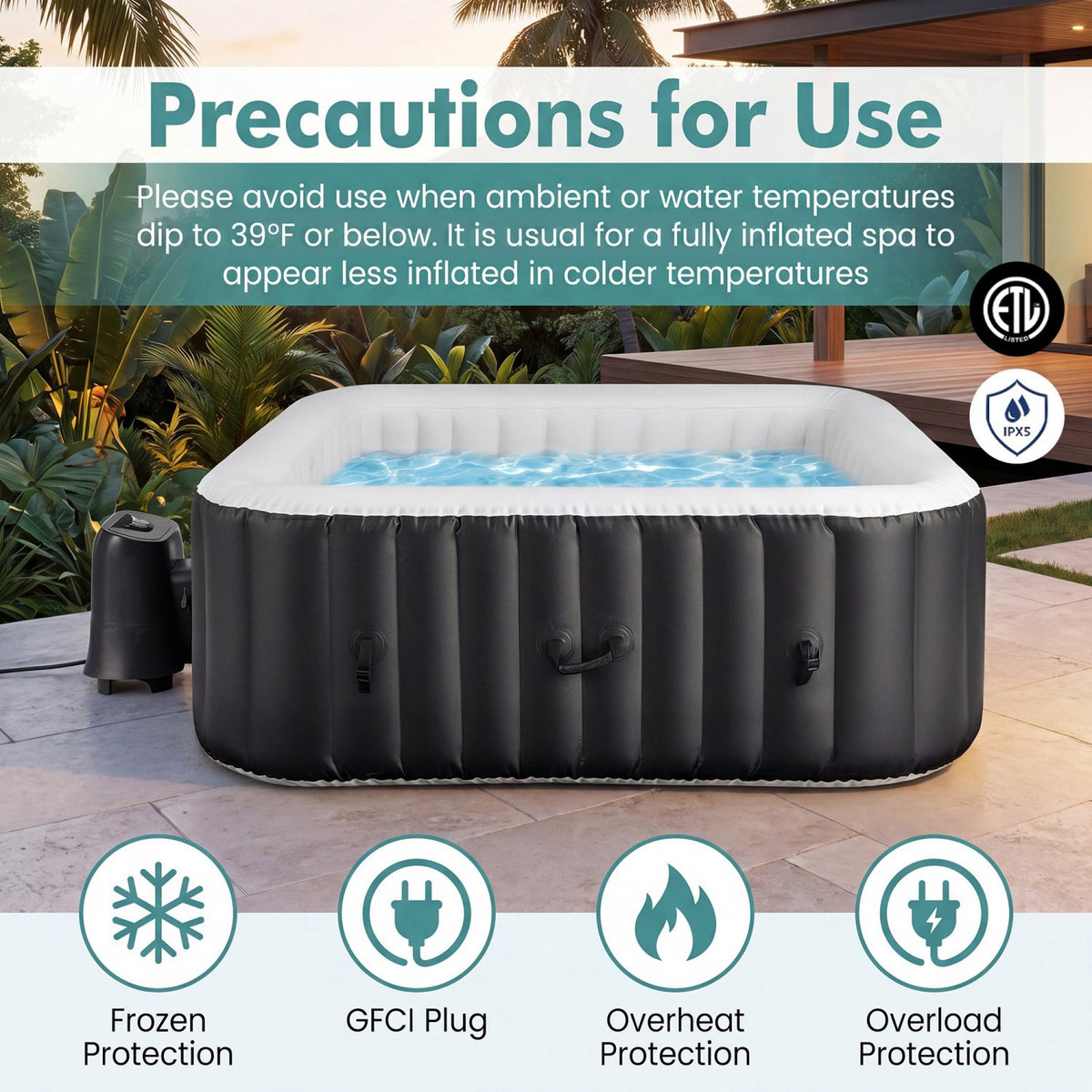 Rectangular Blowup Pool Hottub with 130 Air Jets for 4-6 Person-Black view 9