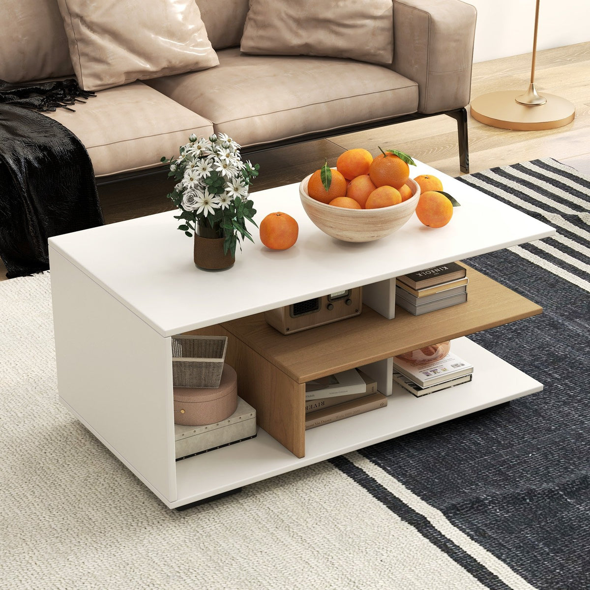 Rectangular Coffee Table with L-shaped Middle Shelf-White view 2