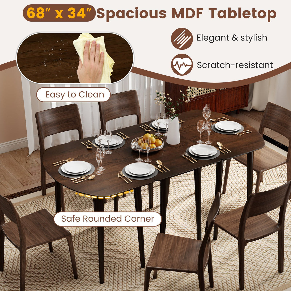 Rectangular Wooden Dining Table for 2-4 34 Inch Farmhouse Solid Wood Kitchen Table-Walnut view 9