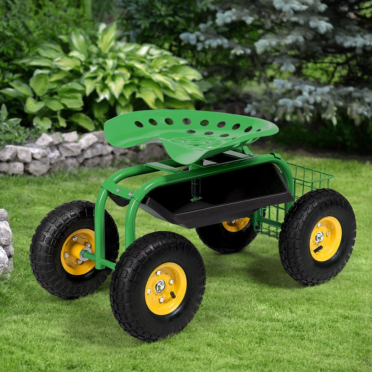 Red/Green Garden Cart Rolling Work Seat With Heavy Duty Tool Tray Gardening Planting-Green view 2