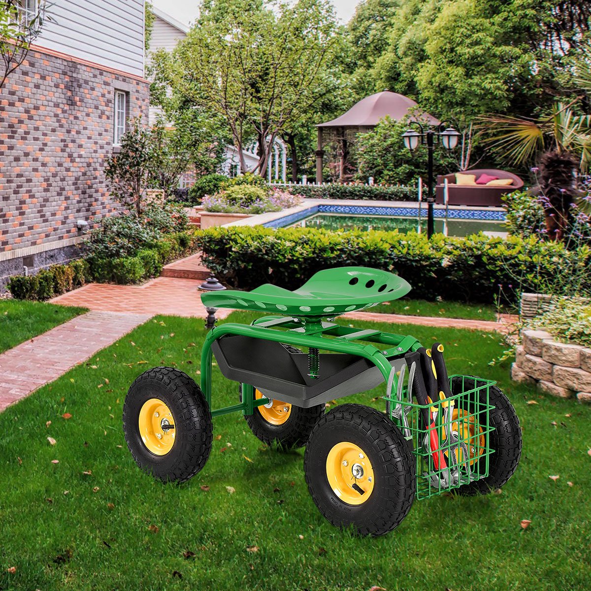 Red/Green Garden Cart Rolling Work Seat With Heavy Duty Tool Tray Gardening Planting-Green view 3