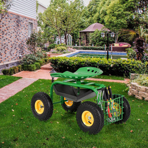 Red/Green Garden Cart Rolling Work Seat With Heavy Duty Tool Tray Gardening Planting-Green view 3