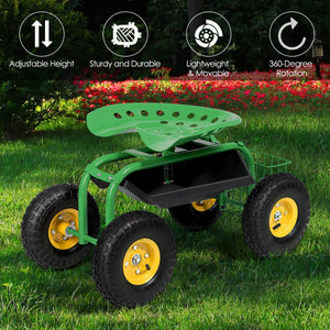 Red/Green Garden Cart Rolling Work Seat With Heavy Duty Tool Tray Gardening Planting-Green view 6