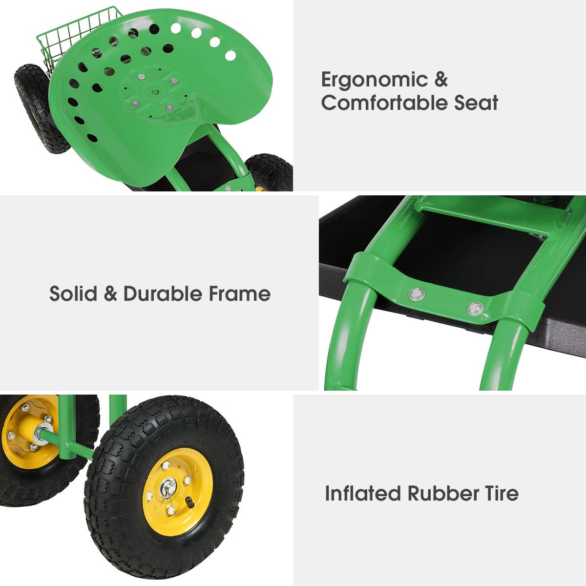 Red/Green Garden Cart Rolling Work Seat With Heavy Duty Tool Tray Gardening Planting-Green view 8
