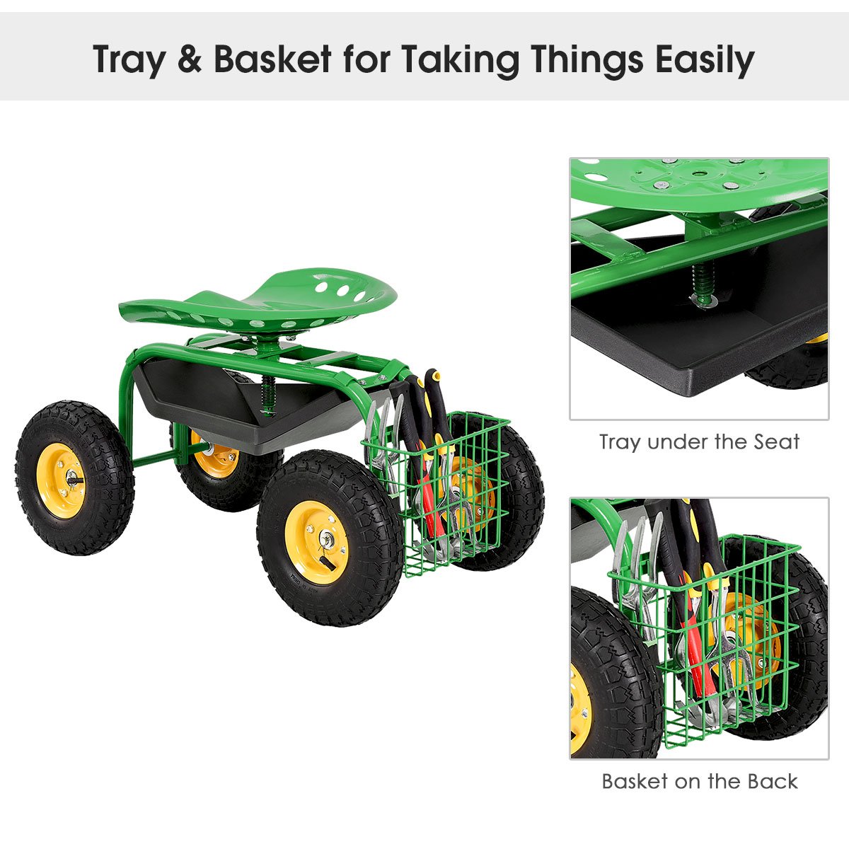 Red/Green Garden Cart Rolling Work Seat With Heavy Duty Tool Tray Gardening Planting-Green view 9