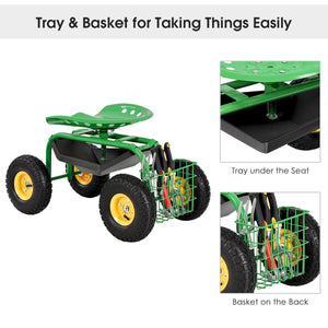Red/Green Garden Cart Rolling Work Seat With Heavy Duty Tool Tray Gardening Planting-Green view 9