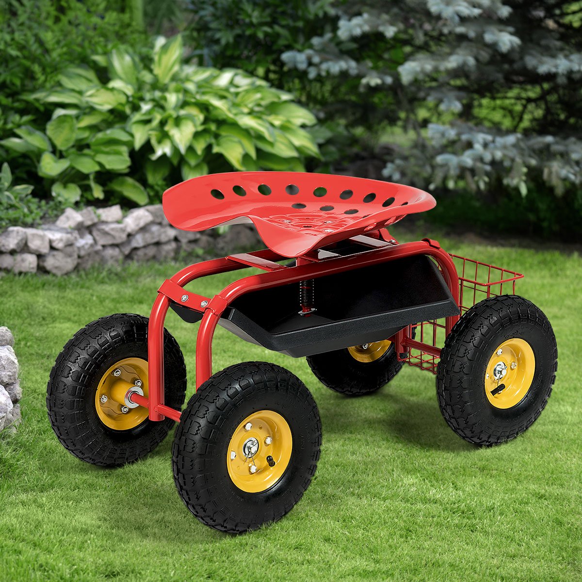Red/Green Garden Cart Rolling Work Seat With Heavy Duty Tool Tray Gardening Planting-Red view 2