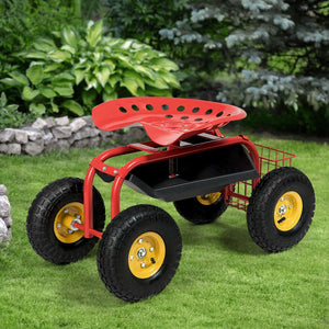 Red/Green Garden Cart Rolling Work Seat With Heavy Duty Tool Tray Gardening Planting-Red view 2