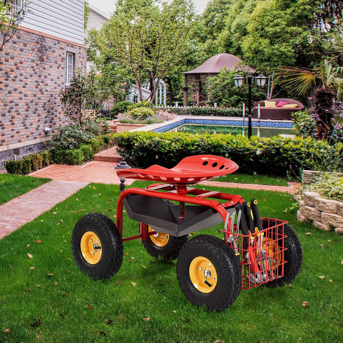 Red/Green Garden Cart Rolling Work Seat With Heavy Duty Tool Tray Gardening Planting-Red view 3