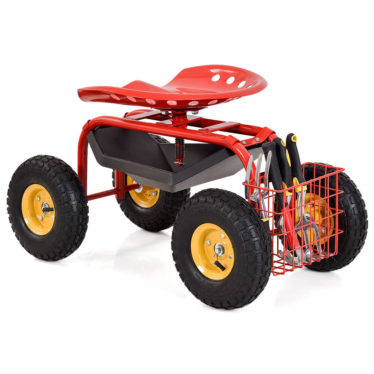 Red/Green Garden Cart Rolling Work Seat With Heavy Duty Tool Tray Gardening Planting-Red view 4