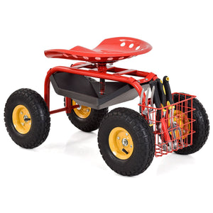 Red/Green Garden Cart Rolling Work Seat With Heavy Duty Tool Tray Gardening Planting-Red view 4