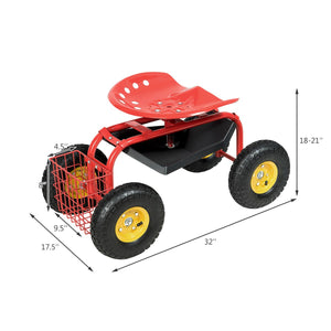 Red/Green Garden Cart Rolling Work Seat With Heavy Duty Tool Tray Gardening Planting-Red view 5