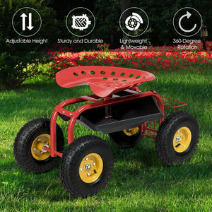 Red/Green Garden Cart Rolling Work Seat With Heavy Duty Tool Tray Gardening Planting-Red view 6