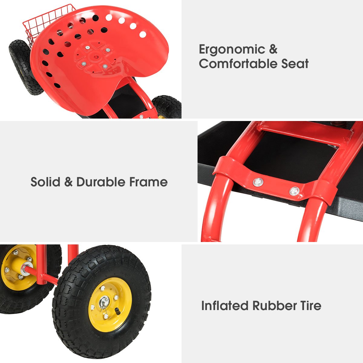 Red/Green Garden Cart Rolling Work Seat With Heavy Duty Tool Tray Gardening Planting-Red view 7