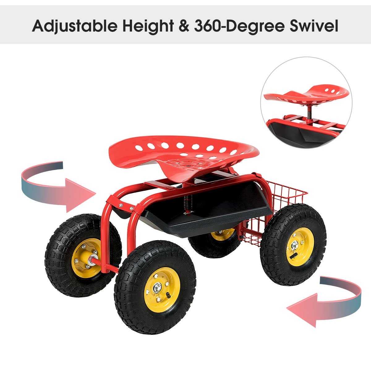Red/Green Garden Cart Rolling Work Seat With Heavy Duty Tool Tray Gardening Planting-Red view 8