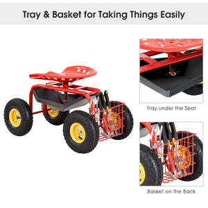 Red/Green Garden Cart Rolling Work Seat With Heavy Duty Tool Tray Gardening Planting-Red view 9