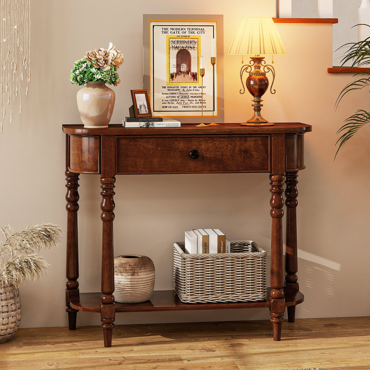 Retro Console Table 36 inchesL Wooden 2-Tier Narrow Behind Couch Foyer Table-Brown view 2