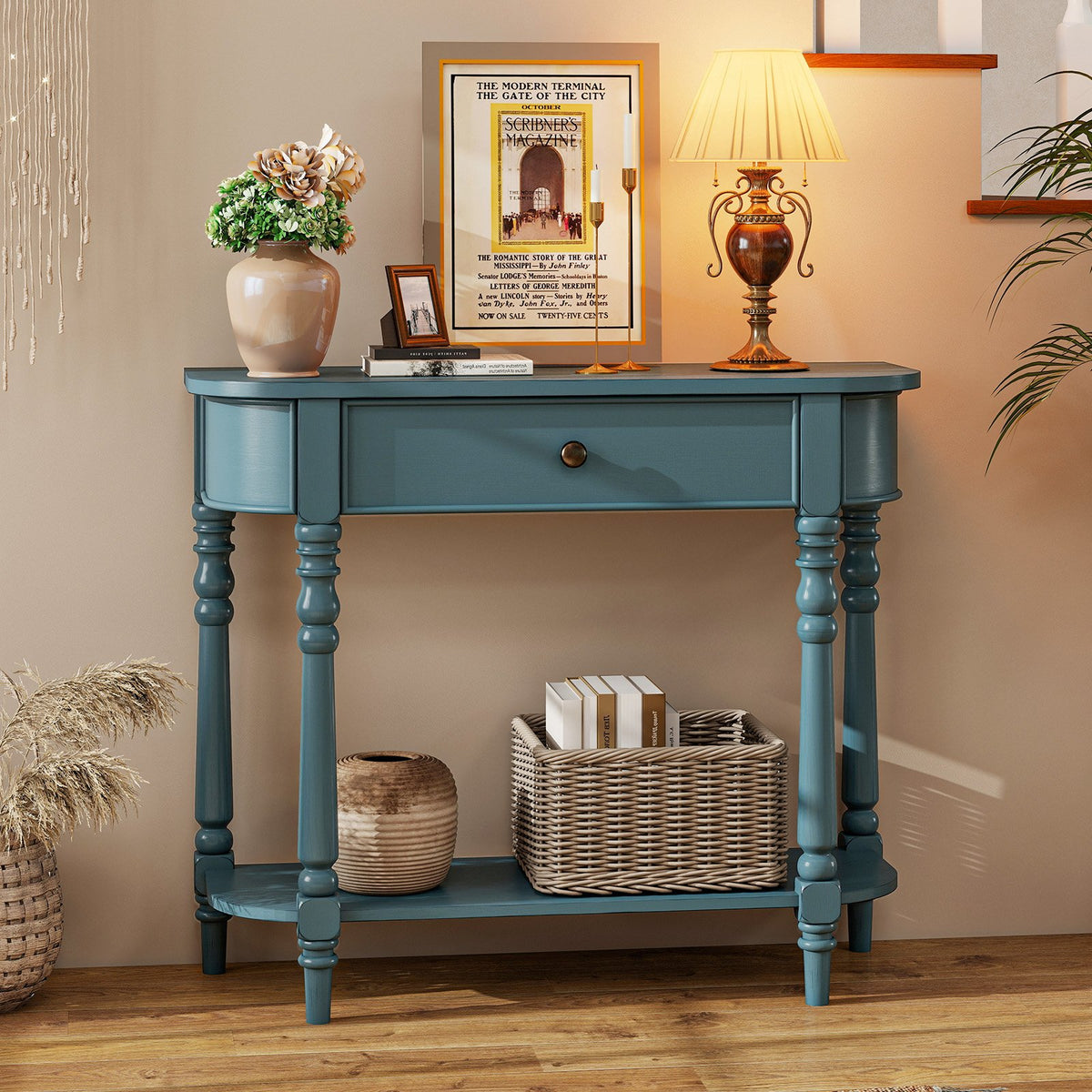 Retro Console Table36 inchesL Wooden 2-Tier Narrow Behind Couch Foyer Table-Blue view 2