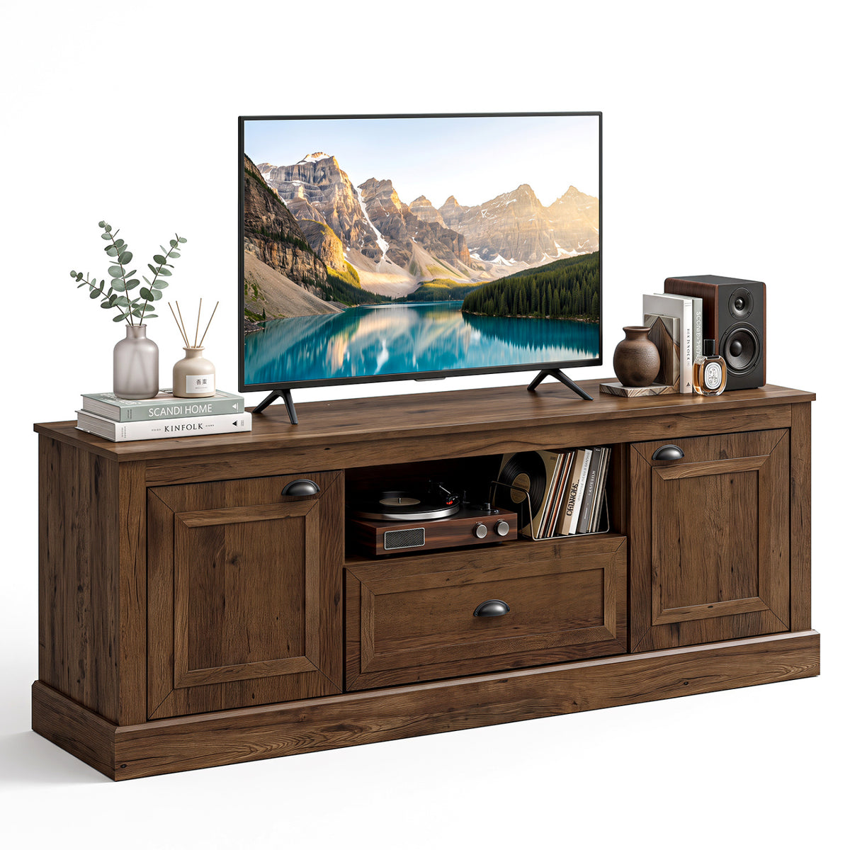 Retro Farmhouse TV Stand for 70 inches TVs with 2 Doors & Removable Shelves-Brown