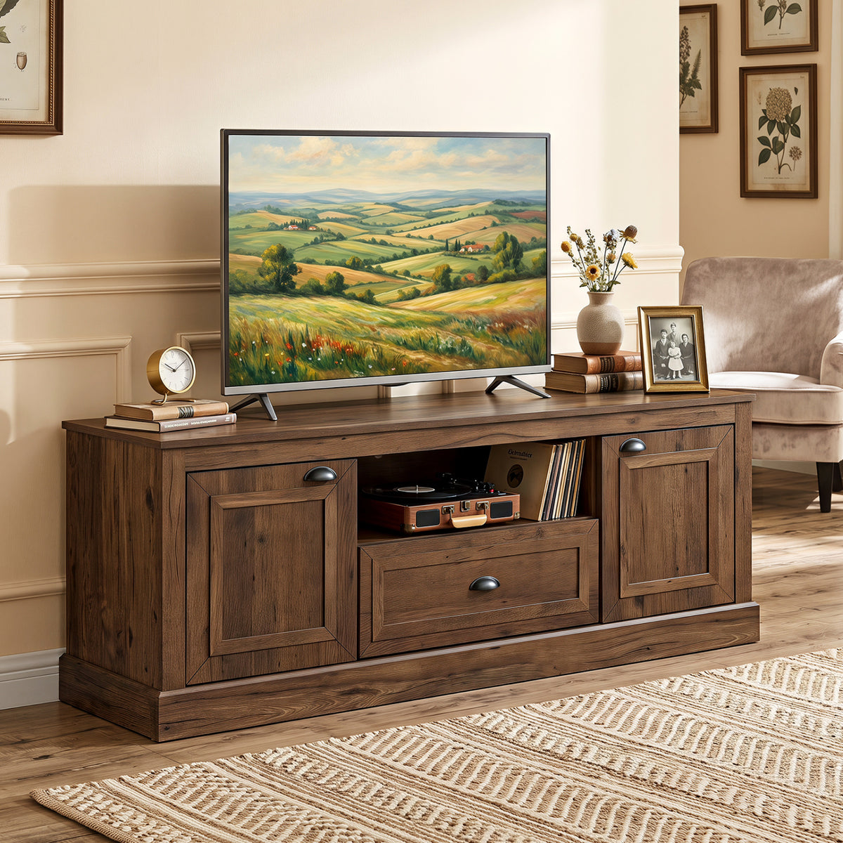 Retro Farmhouse TV Stand for 70 inches TVs with 2 Doors & Removable Shelves-Brown view 3