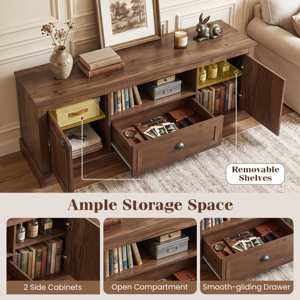 Retro Farmhouse TV Stand for 70 inches TVs with 2 Doors & Removable Shelves-Brown view 9