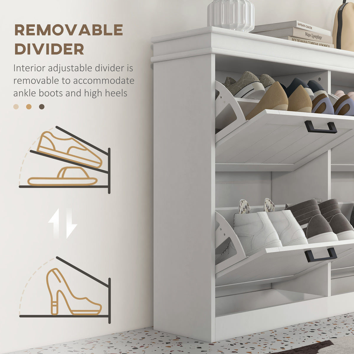 Shoe Storage Cabinet with 4 Flip Drawers and Adjustable Shelves, Narrow Shoe Cabinet for 20 Pairs of Shoes, White