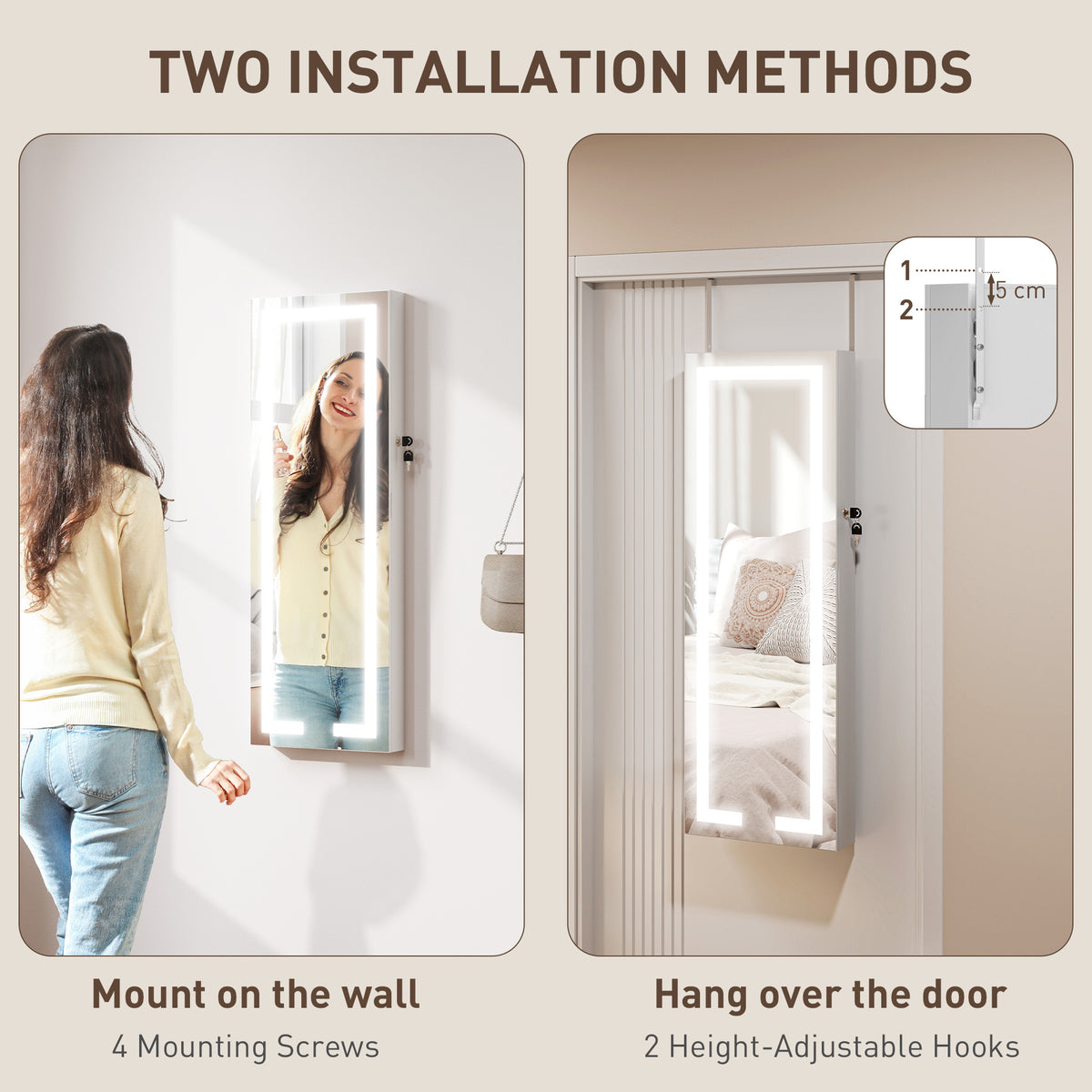 LED Lighted Jewelry Armoire with Mirror Jewelry Cabinet with Storage Lockable Door/Wall Mounted Jewelry Organizer, White