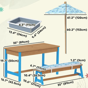 Qaba Kids Picnic Table and Bench Set with Removable Umbrella, Cushions & Boxes, Dinosaur Theme for Outdoor, Blue