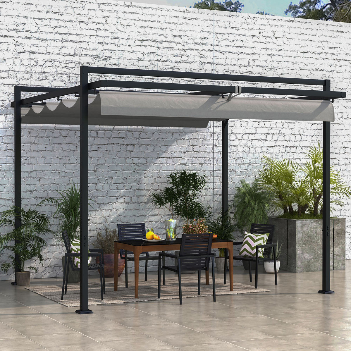10' x 10' Retractable Pergola, Garden Gazebo Shade Shelter, for Grill, Patio, Deck, Dark Grey