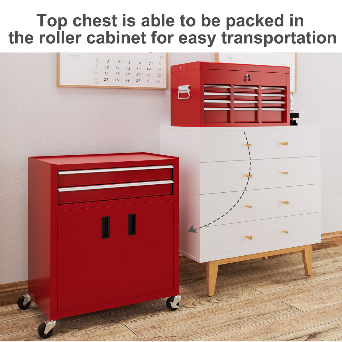 6-Drawer Rolling Tool Chest, 2 in 1 Lockable Storage Cabinet with Hooks, Metal Tool Box for Garage – view 13
