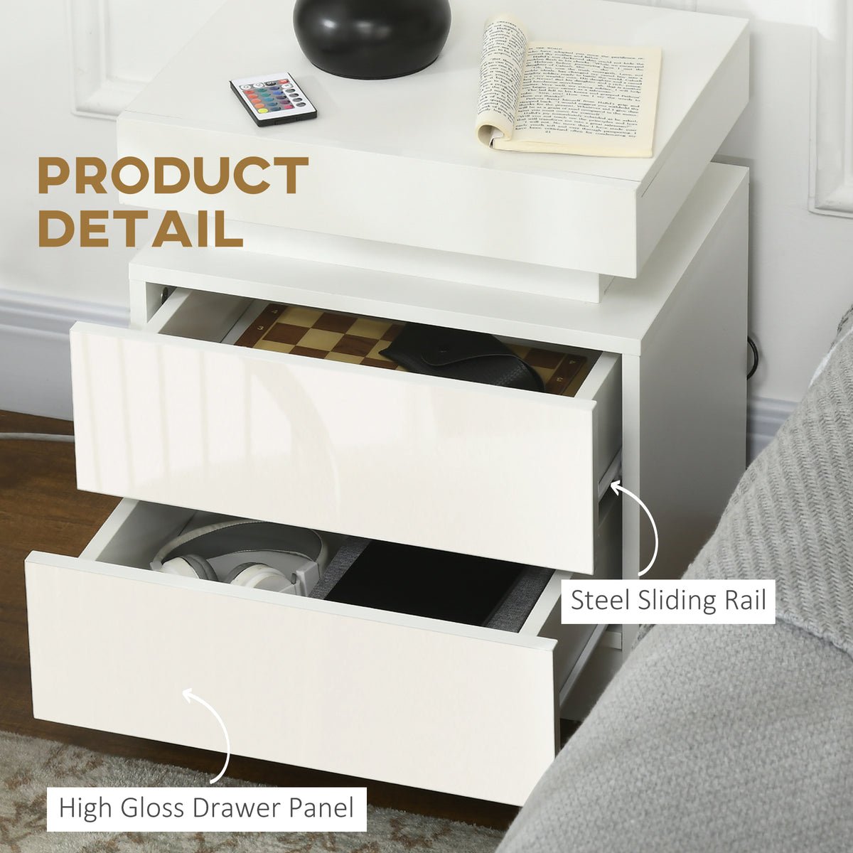 Nightstand, Bedside Table with LED Lights and 2 Drawers for Bedroom, Living Room, White