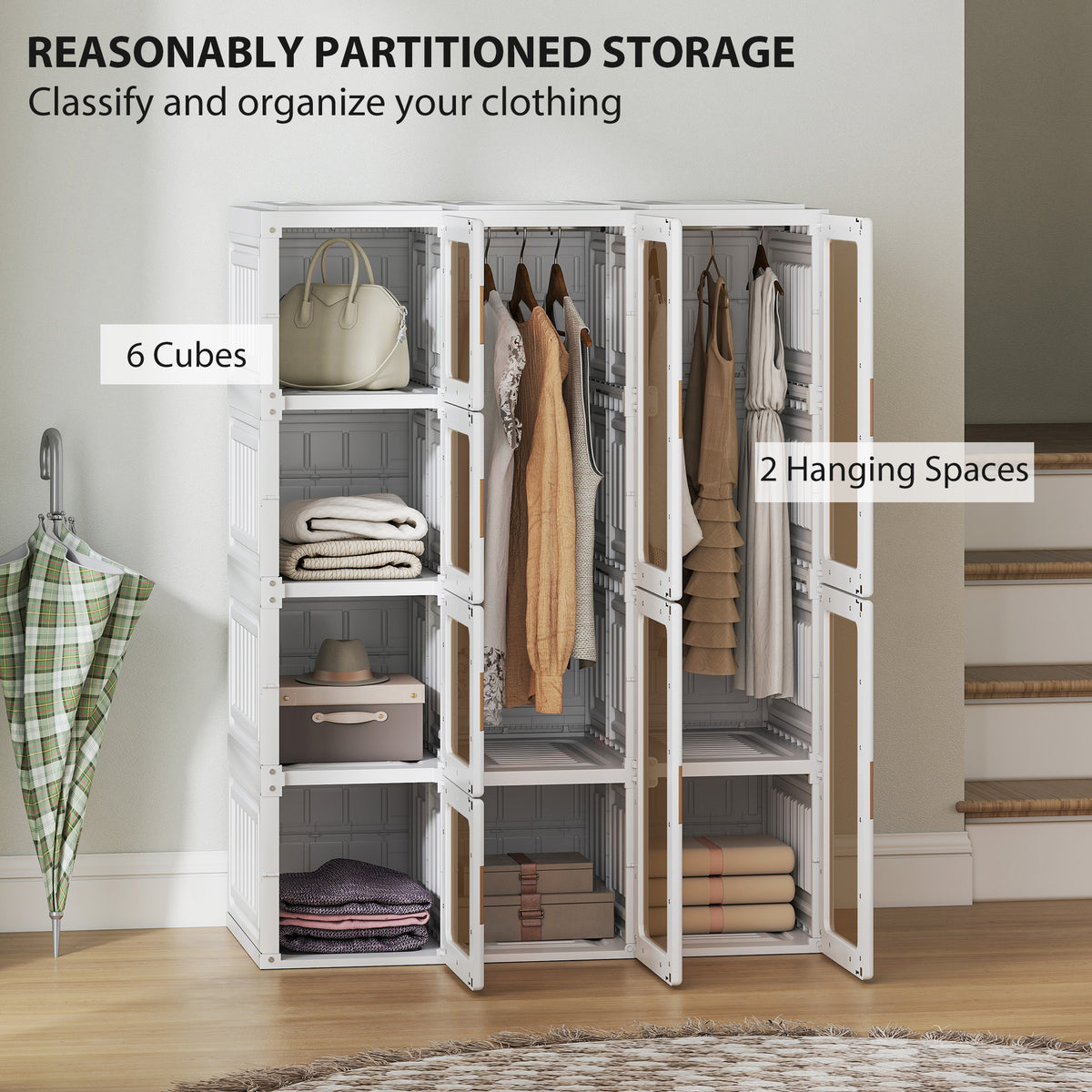 Portable Wardrobe, Foldable Plastic Closet with 8 Compartments, 2 Hanging Rods and Magnetic Clear Doors – view 3