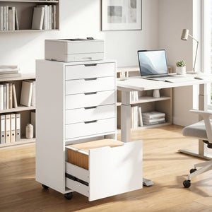 File Cabinet on Wheels Mobile Printer Stand with 6 Drawers for Home Office White