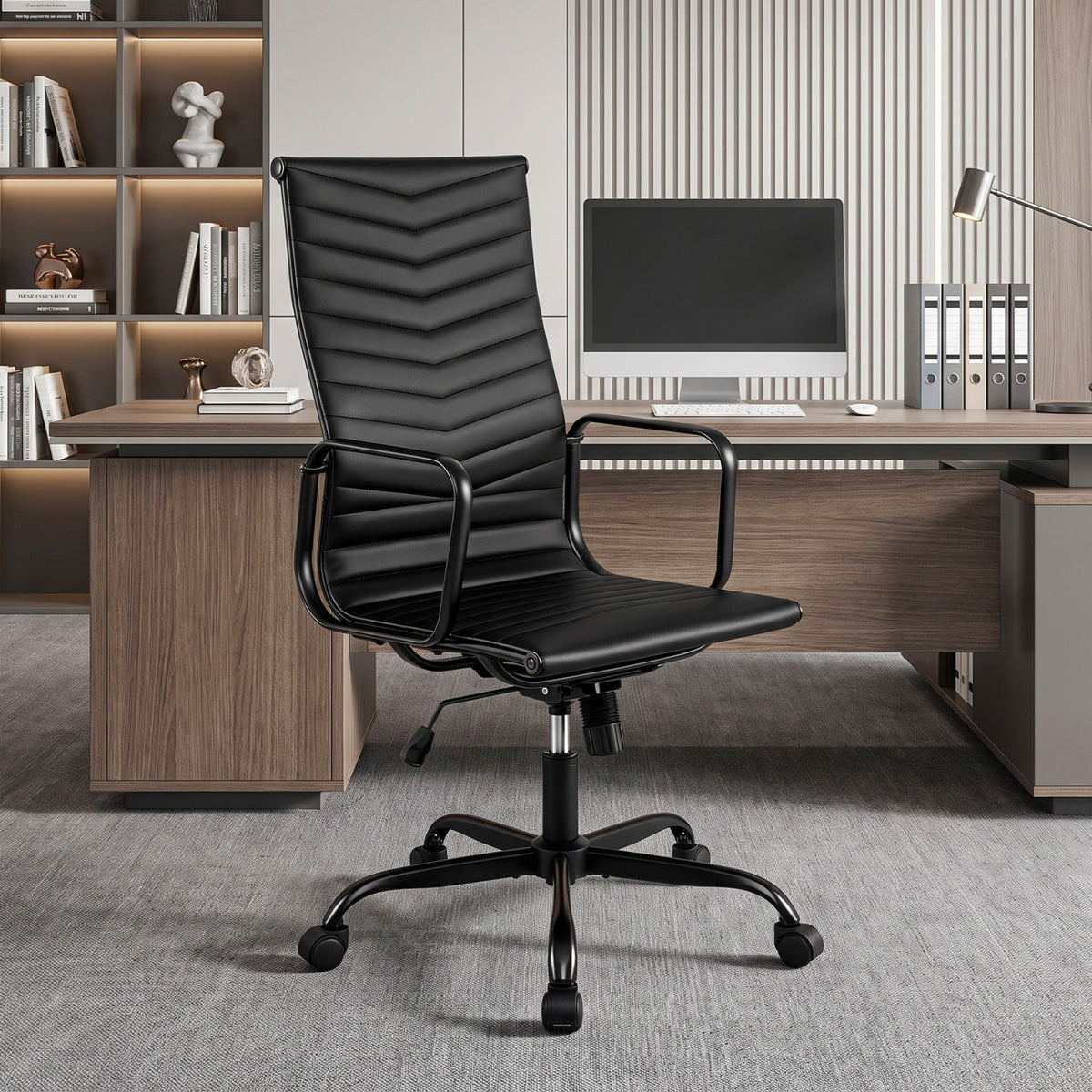 Ribbed Office Chair High Back PU Leather for Home Office with Adjustable Height-Black view 3