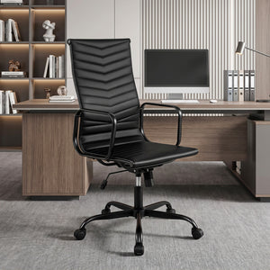 Ribbed Office Chair High Back PU Leather for Home Office with Adjustable Height-Black view 3