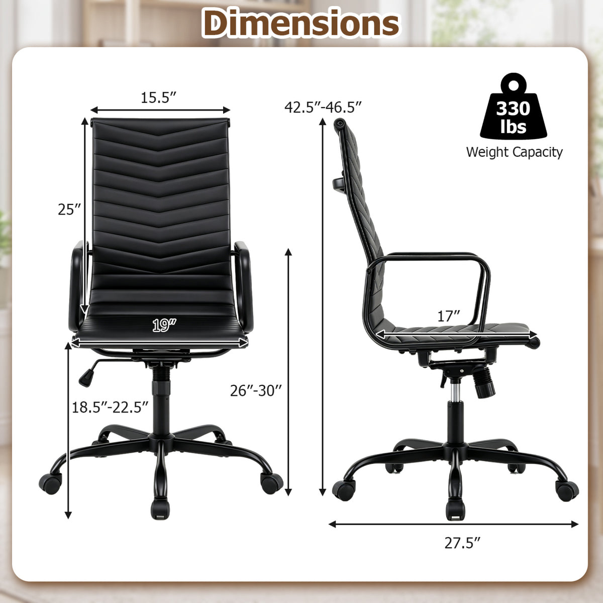 Ribbed Office Chair High Back PU Leather for Home Office with Adjustable Height-Black view 4