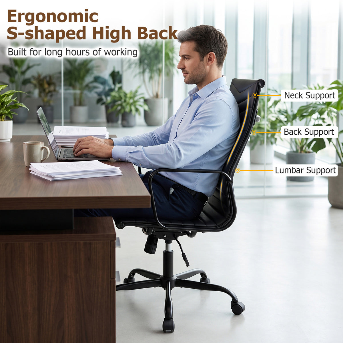 Ribbed Office Chair High Back PU Leather for Home Office with Adjustable Height-Black view 6