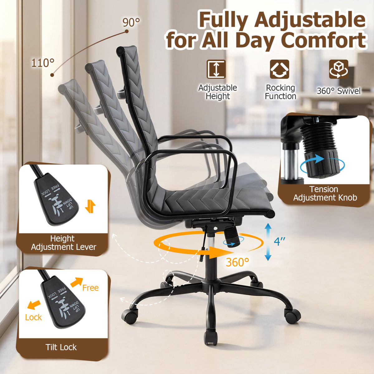 Ribbed Office Chair High Back PU Leather for Home Office with Adjustable Height-Black view 7