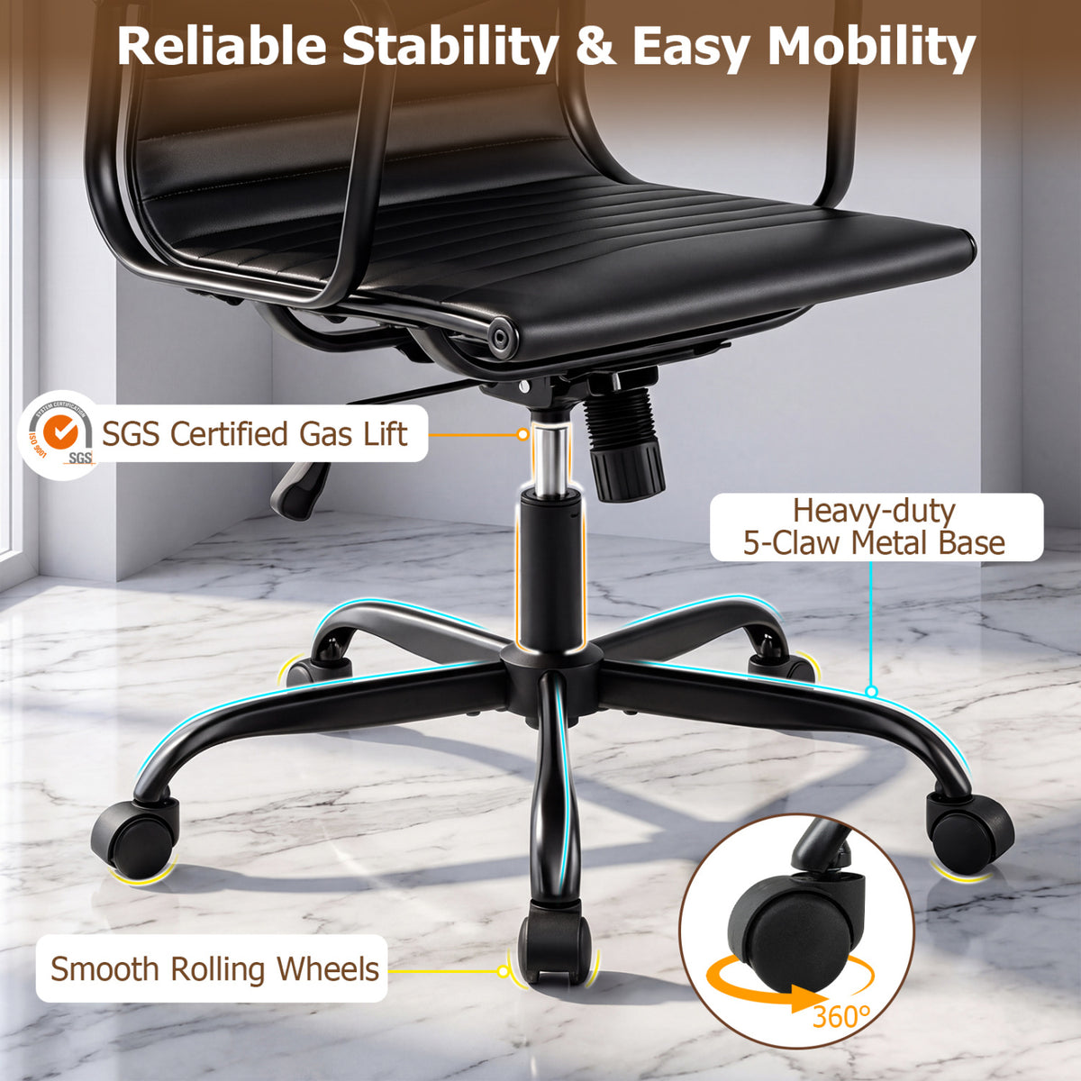 Ribbed Office Chair High Back PU Leather for Home Office with Adjustable Height-Black view 9