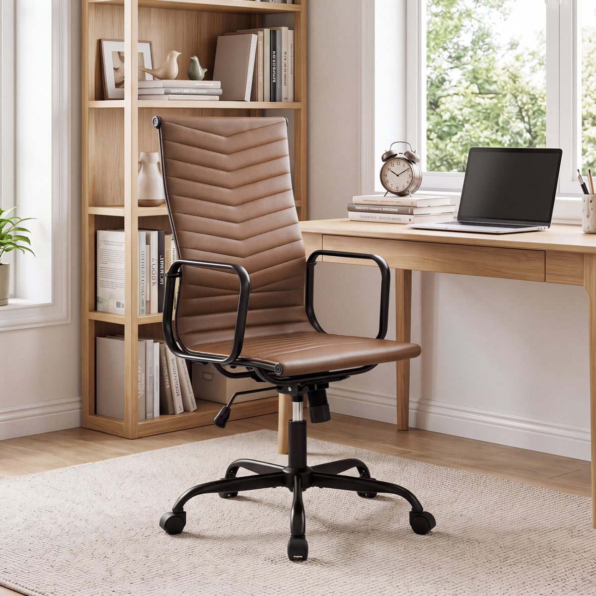 Ribbed Office Chair High Back PU Leather for Home Office with Adjustable Height-Brown view 2
