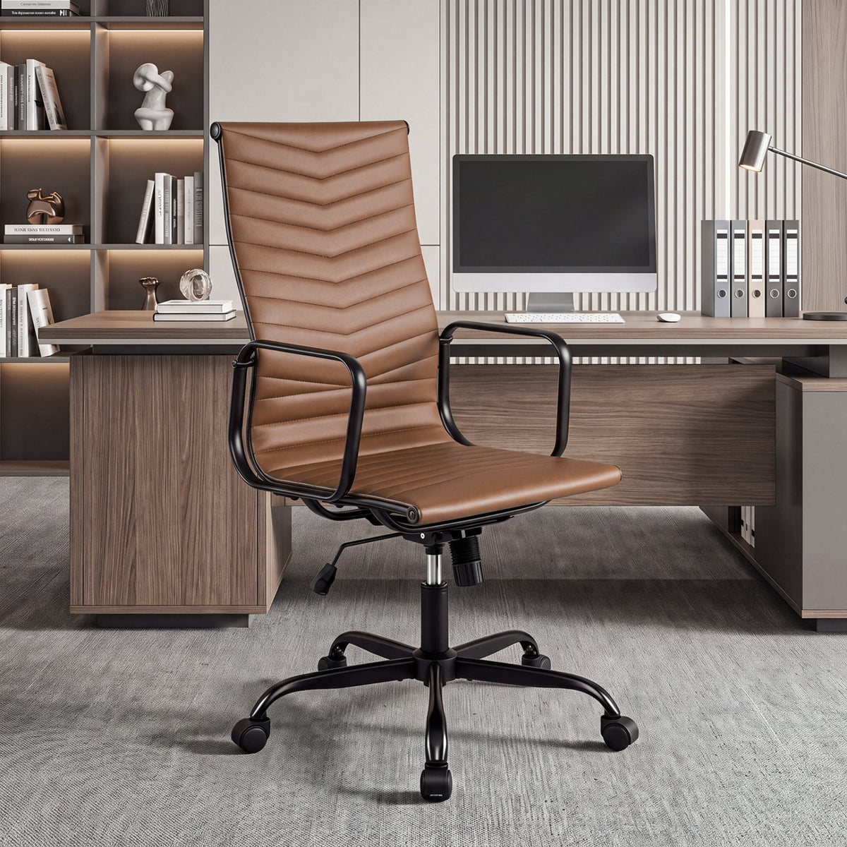 Ribbed Office Chair High Back PU Leather for Home Office with Adjustable Height-Brown view 3